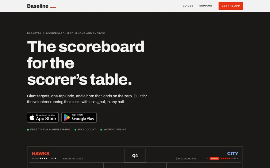 Baseline homepage: 'The scoreboard for the scorer's table.' in white on a dark background, with App Store and Google Play badges above a live scoreboard
