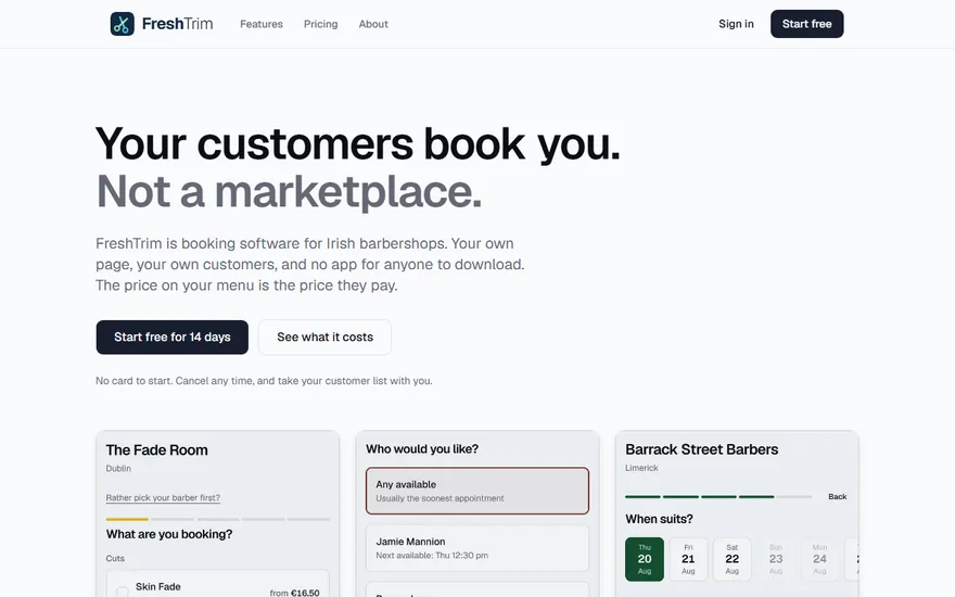 FreshTrim homepage: 'Your customers book you. Not a marketplace.' above live booking screens for three example barbershops
