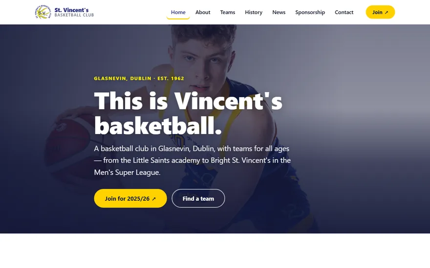 St. Vincent's Basketball Club homepage: 'This is Vincent's basketball.' over a portrait of a young player in club colours
